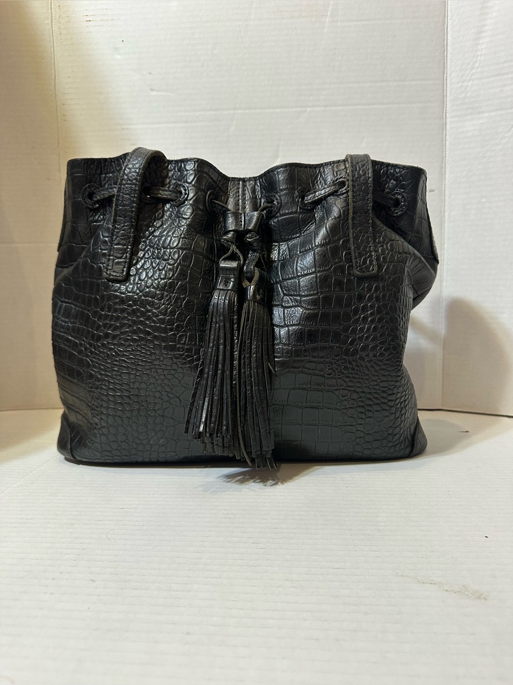 Patricia Nash Leather Drawstring Witney Tote in black croc-embossed leather
